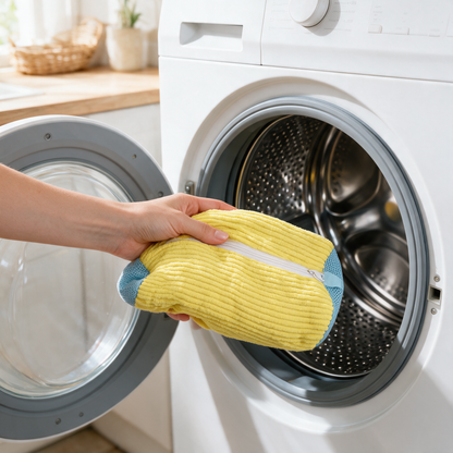 Main glissée le sac de lavage Talyss fermé dans le tambour d'un lave-linge