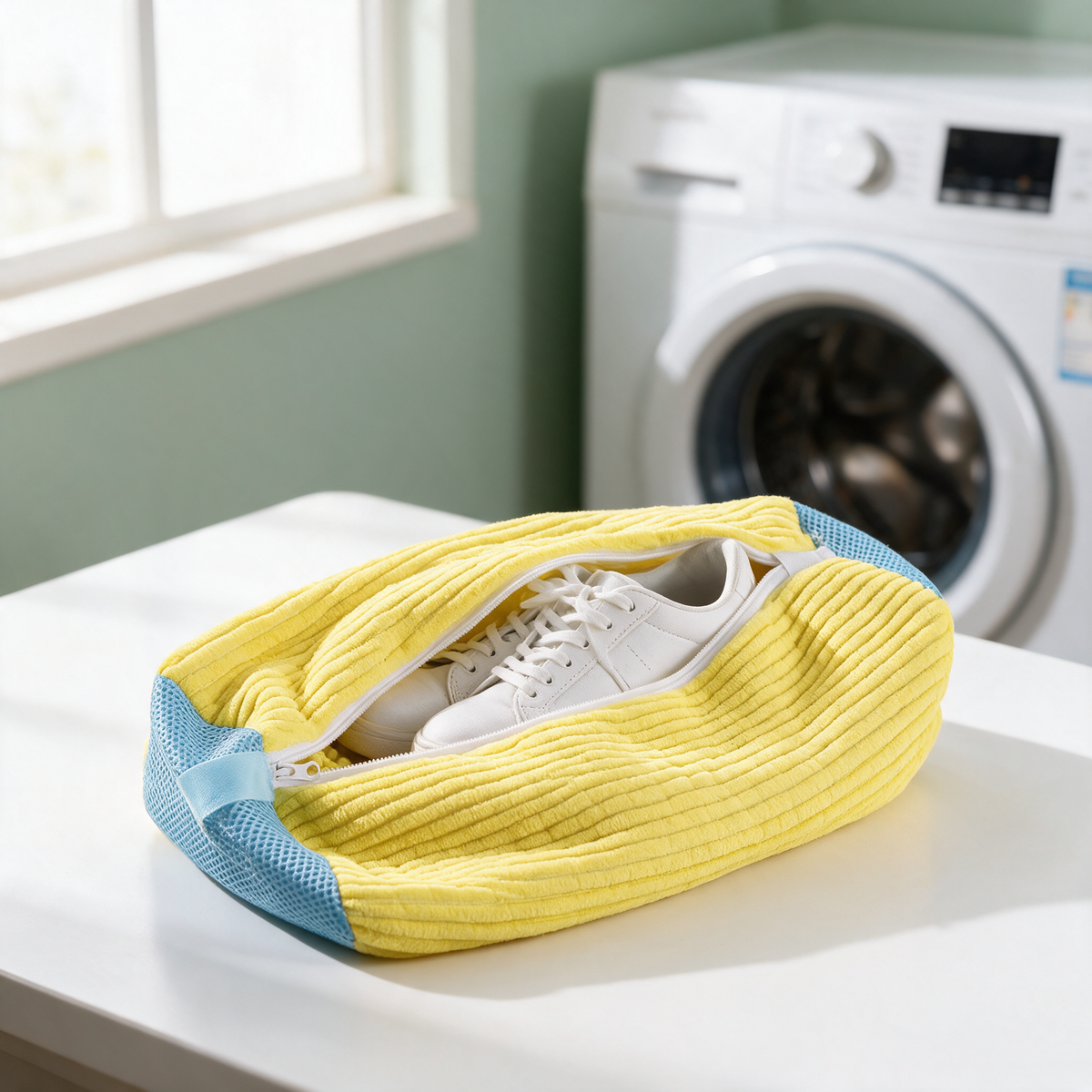 Sac de lavage baskets Talyss jaune ouvert sur un plan de travail, baskets blanches à l'intérieur, lave-linge en arrière-plan