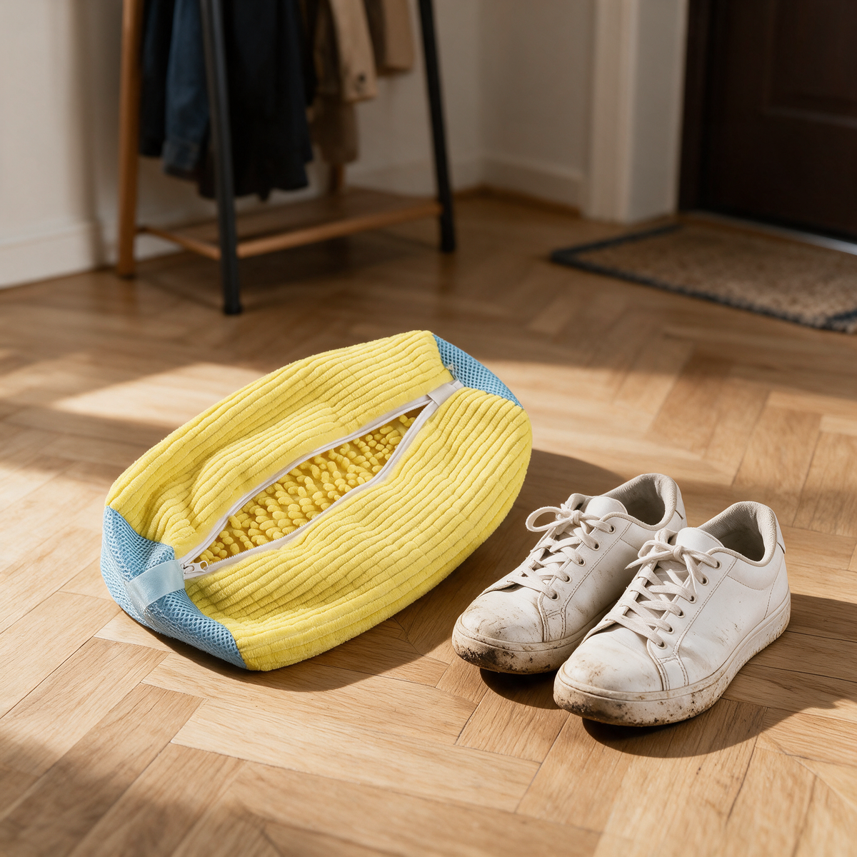 Le sac de lavage Talyss ouvert dans une entrée, à côté d'une paire de baskets blanches sales aux semelles boueuses