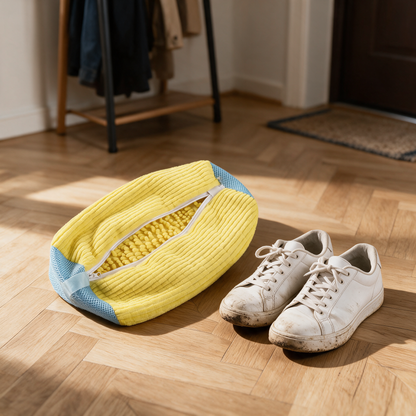 Le sac de lavage Talyss ouvert dans une entrée, à côté d'une paire de baskets blanches sales aux semelles boueuses